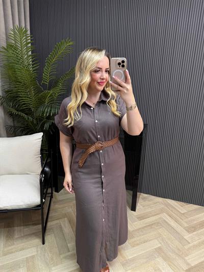 Kısa Kollu Düğmeli Kemerli Ham Keten Elbise Acı Kahve