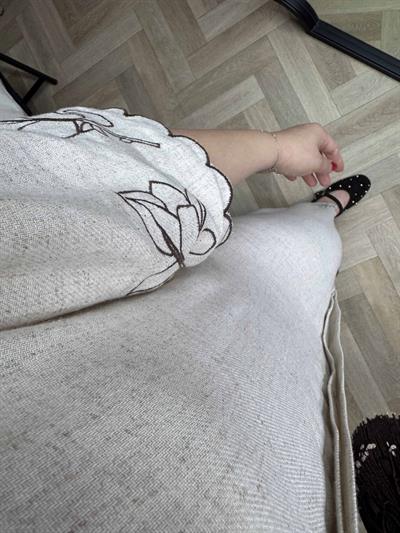 Kısa Kollu Nakışlı Keten Elbise