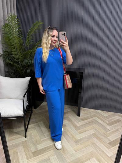 Selen yarım kol Pamuk viskon takım Saks mavi