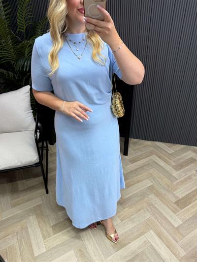 Kısa Kollu Yandan Drapeli Pamuk Keten Elbise Bebek Mavi