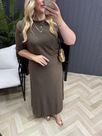 Kısa Kollu Yandan Drapeli Pamuk Keten Elbise Acı Kahve