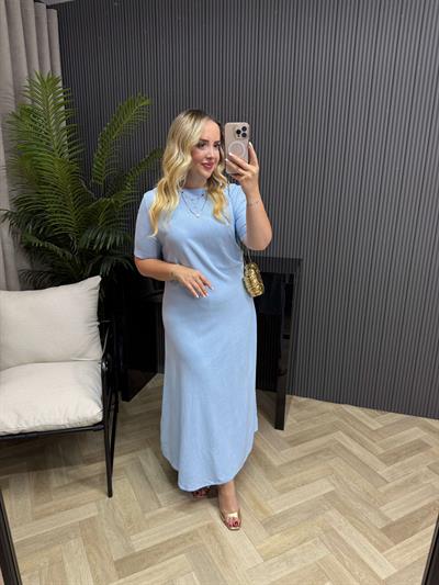 Kısa Kollu Yandan Drapeli Pamuk Keten Elbise Bebek Mavi