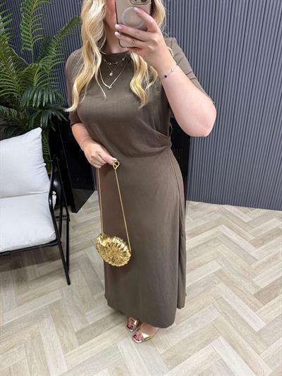 Kısa Kollu Yandan Drapeli Pamuk Keten Elbise Acı Kahve