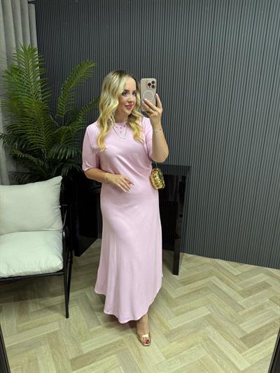 Kısa Kollu Yandan Drapeli Pamuk Keten Elbise Pembe