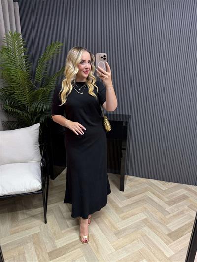 Kısa Kollu Yandan Drapeli Pamuk Keten Elbise Siyah