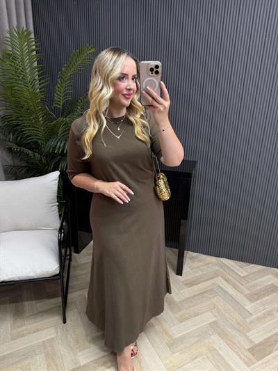 Kısa Kollu Yandan Drapeli Pamuk Keten Elbise Acı Kahve