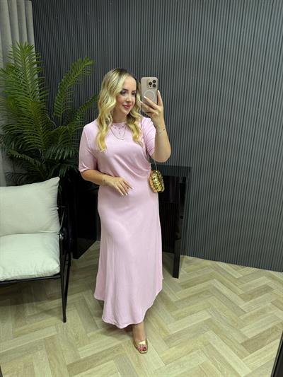 Kısa Kollu Yandan Drapeli Pamuk Keten Elbise Pembe