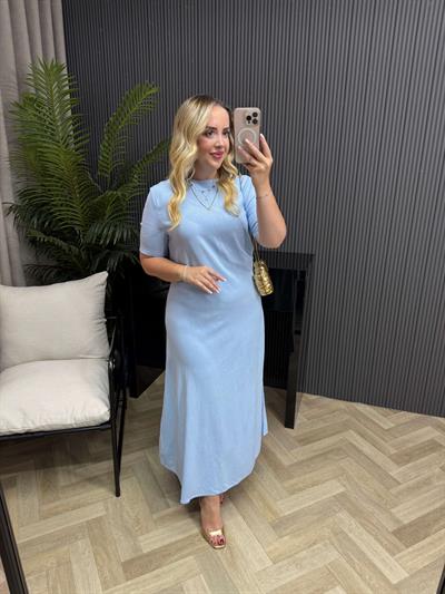 Kısa Kollu Yandan Drapeli Pamuk Keten Elbise Bebek Mavi