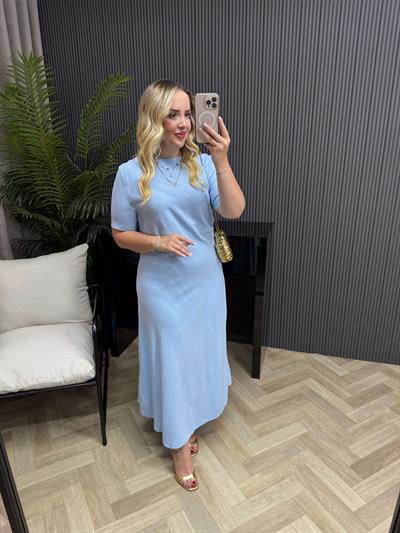 Kısa Kollu Yandan Drapeli Pamuk Keten Elbise Bebek Mavi