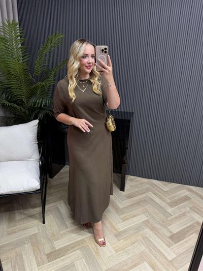 Kısa Kollu Yandan Drapeli Pamuk Keten Elbise Acı Kahve