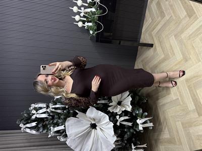 Kolları Tül Detaylı Kalem Elbise Acı Kahve