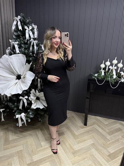 Kolları Tül Detaylı Kalem Elbise Siyah