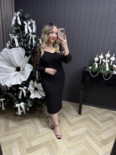 Kolları Tül Detaylı Kalem Elbise Siyah