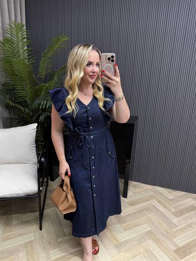 Kolları Volanlı Kemerli Koyu Mavi Denim Elbise