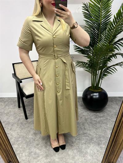Koyu Camel Gold Düğmeli Premium Kuşaklı Elbise