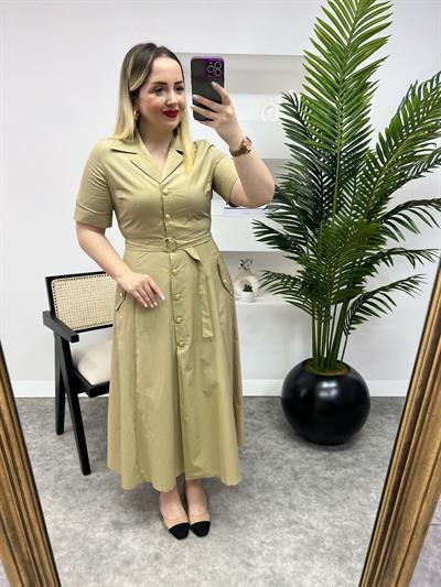 Koyu Camel Gold Düğmeli Premium Kuşaklı Elbise