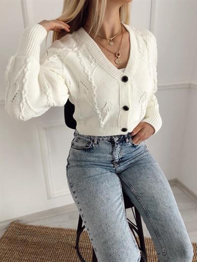 Krem Taş Düğmeli Örgü Hırka