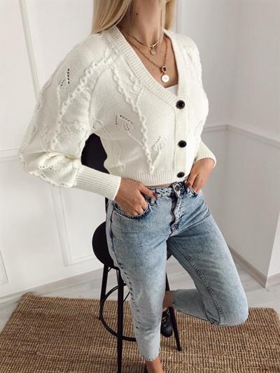 Krem Taş Düğmeli Örgü Hırka