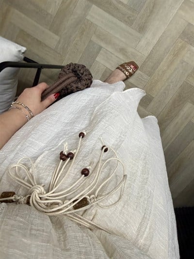Kruvaze Beli Lastıklı Tensel Keten Elbise Bej