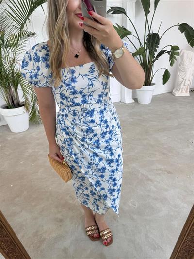 Kruvaze Model Kemerli Mavi Elbise