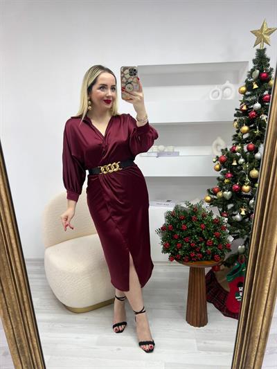 Kruvaze Model Kemerli Saten Elbise Bordo