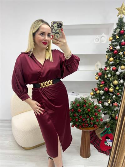 Kruvaze Model Kemerli Saten Elbise Bordo