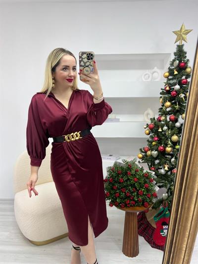 Kruvaze Model Kemerli Saten Elbise Bordo