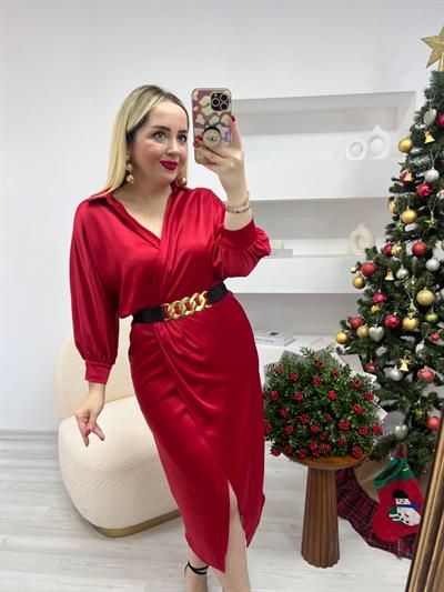 Kruvaze Model Kemerli Saten Elbise Kirmizi