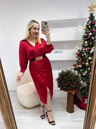 Kruvaze Model Kemerli Saten Elbise Kirmizi