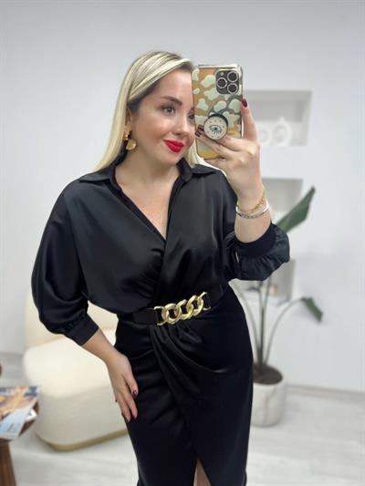Kruvaze Model Kemerli Saten Elbise Siyah