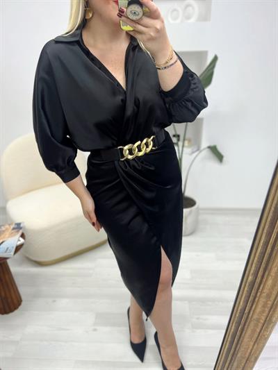 Kruvaze Model Kemerli Saten Elbise Siyah