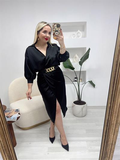 Kruvaze Model Kemerli Saten Elbise Siyah