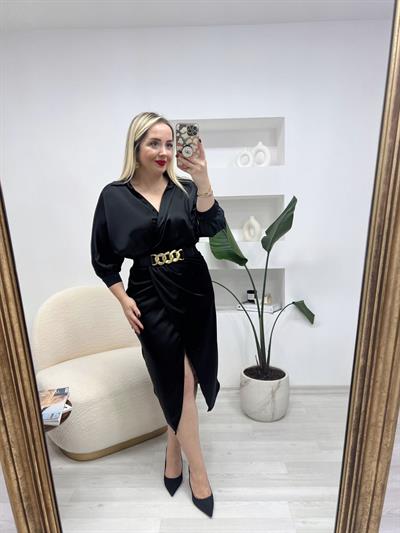 Kruvaze Model Kemerli Saten Elbise Siyah