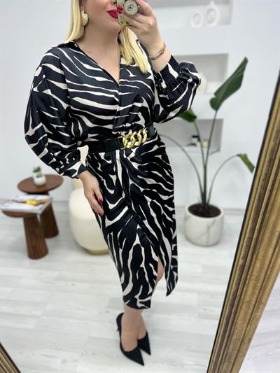 Kruvaze Model Kemerli Saten Elbise Zebra