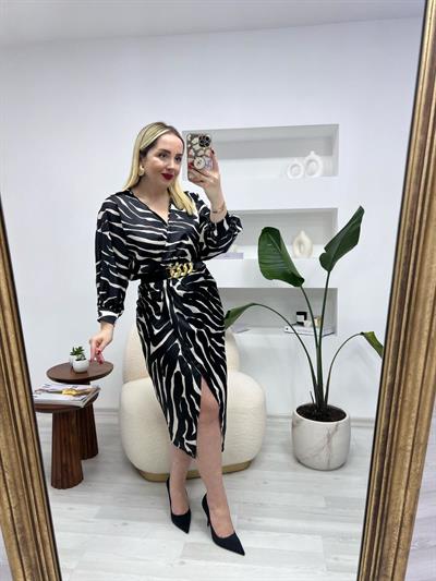 Kruvaze Model Kemerli Saten Elbise Zebra