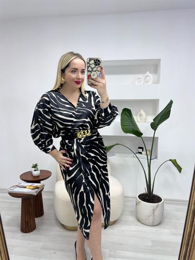 Kruvaze Model Kemerli Saten Elbise Zebra