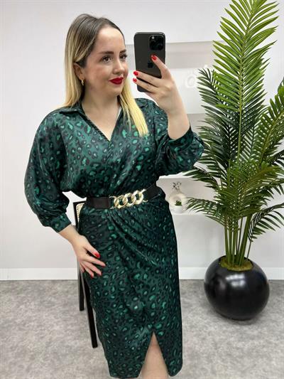Kruvaze Model Kemerli Saten Zümrüt Leopar Elbise