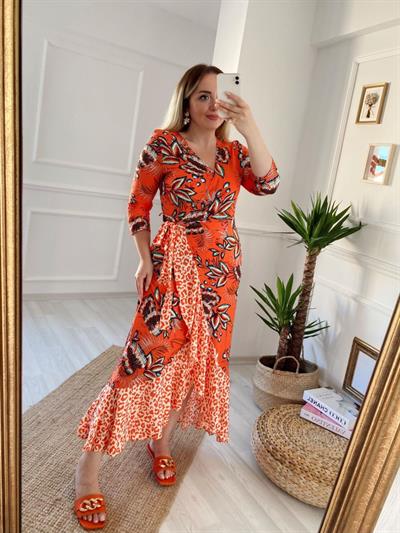 Kruvaze Model Leopar Detaylıturuncu Elbise
