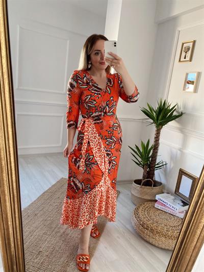Kruvaze Model Leopar Detaylıturuncu Elbise