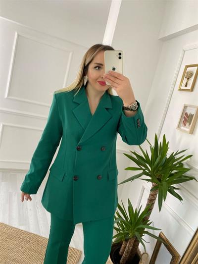 Kruvaze Model Paça Detaylı Fit Pantolonlu Yeşil Takım