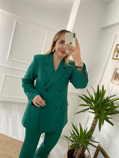 Kruvaze Model Paça Detaylı Fit Pantolonlu Yeşil Takım
