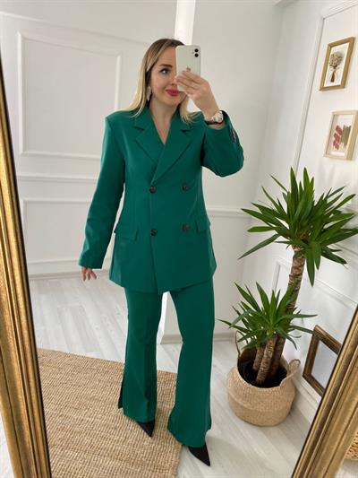 Kruvaze Model Paça Detaylı Fit Pantolonlu Yeşil Takım