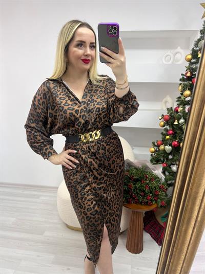 Kruvaze Model Saten Elbise Leopar  Acı Kahve