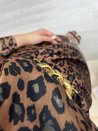 Kruvaze Model Saten Elbise Leopar  Acı Kahve