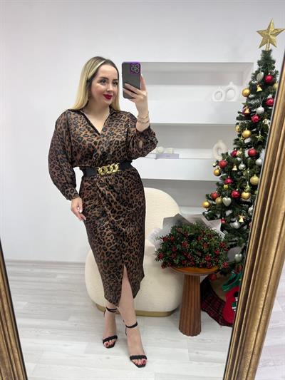 Kruvaze Model Saten Elbise Leopar  Acı Kahve