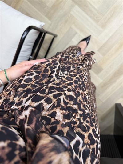 Kruvaze Volan Detayli Leopar Elbise