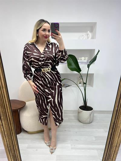 Kruvze Model Kemerli Acı Kahve Zebra Elbise