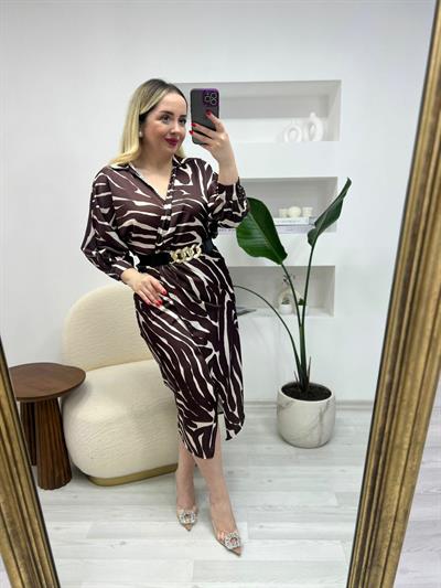 Kruvze Model Kemerli Acı Kahve Zebra Elbise
