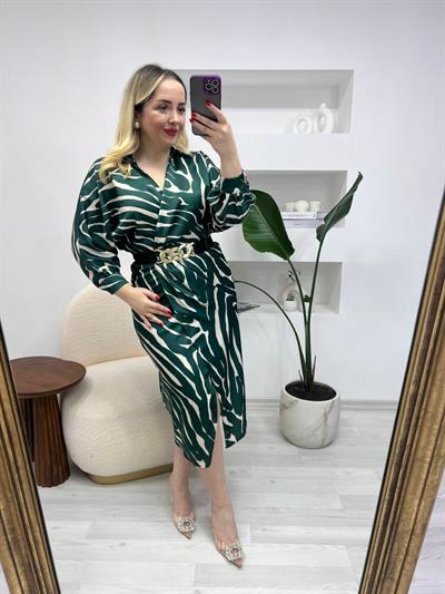 Kruvze Model Kemerli Zümrüt Zebra Elbise