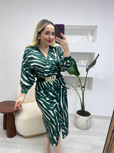 Kruvze Model Kemerli Zümrüt Zebra Elbise